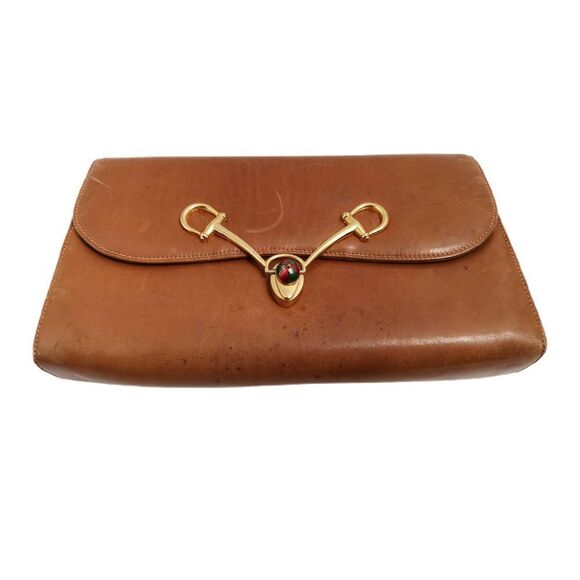 Rare Vintage 1970s Gucci Cognac Tan Leather 2-1 Bag | Green & Red Enamel with Go - Picture 3 of 13